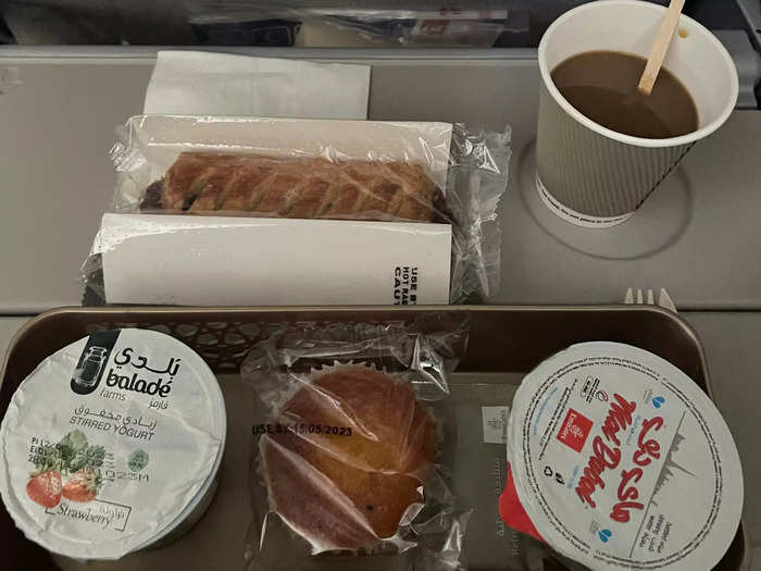 I was particularly impressed with the food Emirates offered to economy-class passengers. For breakfast, I had a delicious raspberry pastry, strawberry yogurt, a muffin, and a coffee.There was also an option of an egg and cheese sandwich.