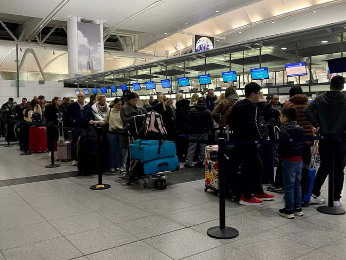 This is a stark difference from check-in process in New York, which had snaking lines of economy passengers waiting to check their bags.