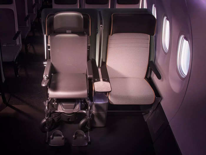 According to an Air 4 All, the patented seat has several pieces that allow it to convert into a wheelchair-accessible position.