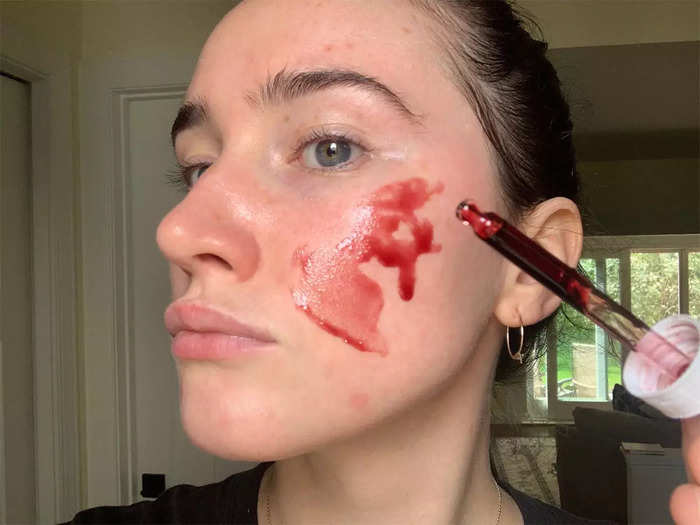 An exfoliating face peel that looks like blood