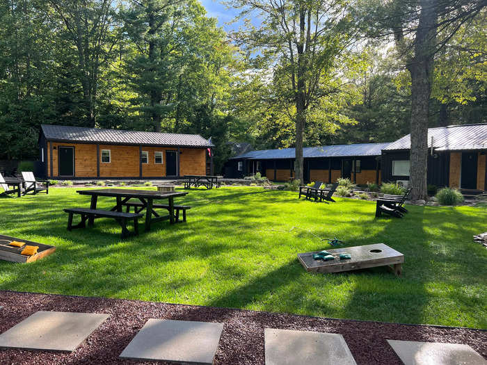 The renovated outdoor area of a new motel