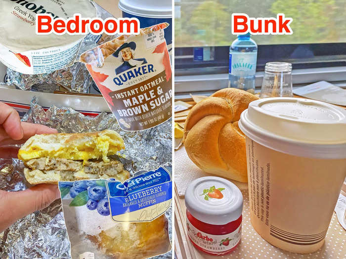 Both tickets included breakfast in the morning. On Amtrak, I had a filling, balanced meal with an egg sandwich, yogurt, oatmeal, and a muffin. Nightjet provided two rolls with butter and jam, which I appreciated, but I could