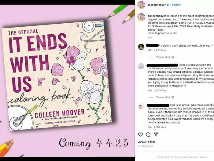 In January 2023, social-media users quickly condemned Hoover when she announced she was publishing a coloring book based on "It Ends With Us."