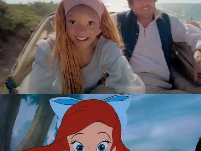 Ariel excitedly takes the horse-carriage reins in both movies as she and Eric explore the shore.