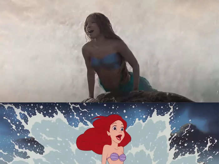 During the reprise of "Part of Your World," Ariel sits atop a rock and sings as a wave crashes behind her.