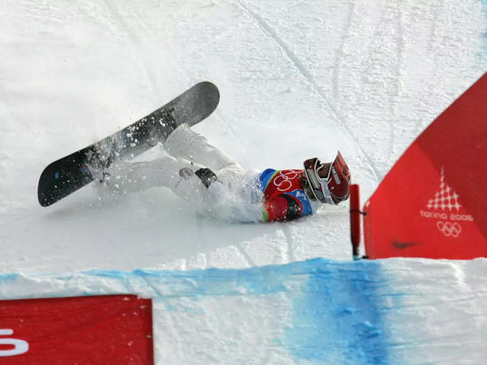 Lindsey Jacobellis attempts an ill-advised trick during the Olympics