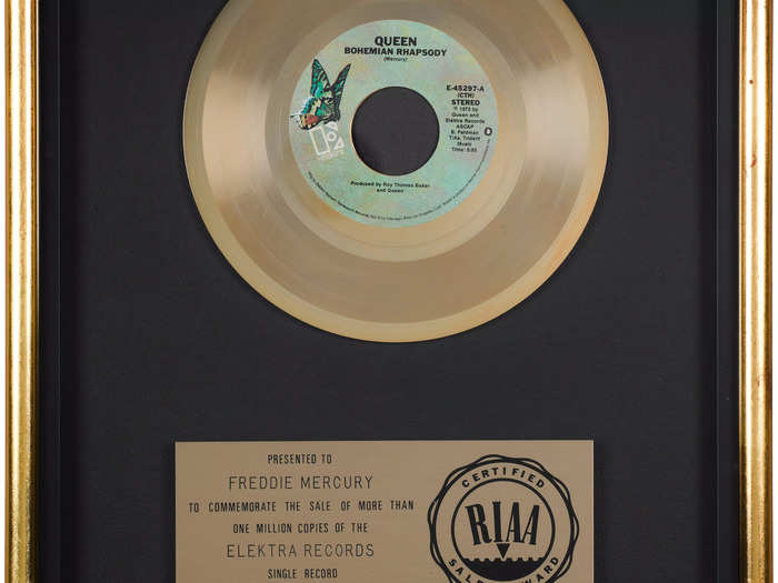 An RIAA Gold Sales Award for "Bohemian Rhapsody." The song was certified diamond in 2021. Estimated worth: $5,000 to $7,500.