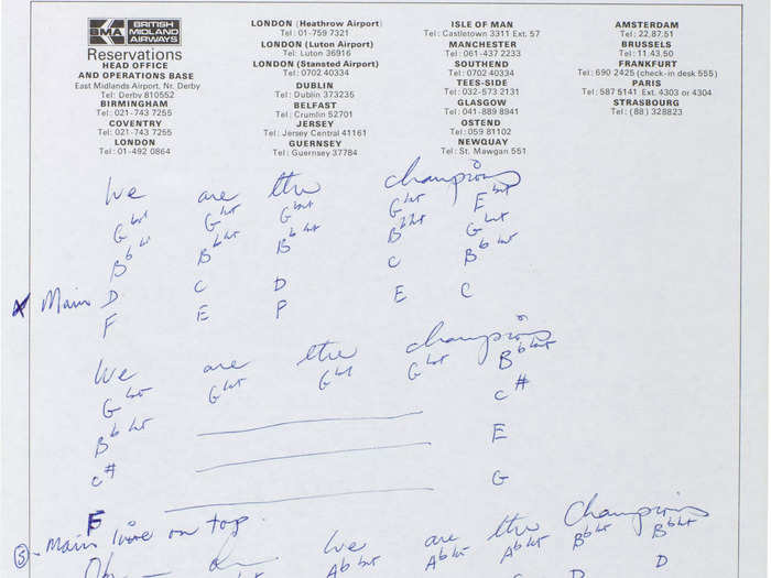 A handwritten note from Mercury showing the lyrics and chords of Queen