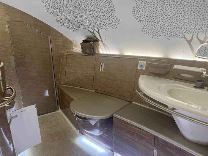 First class has access to two large bathrooms, both of which have a shower, toilet, and small vanity.