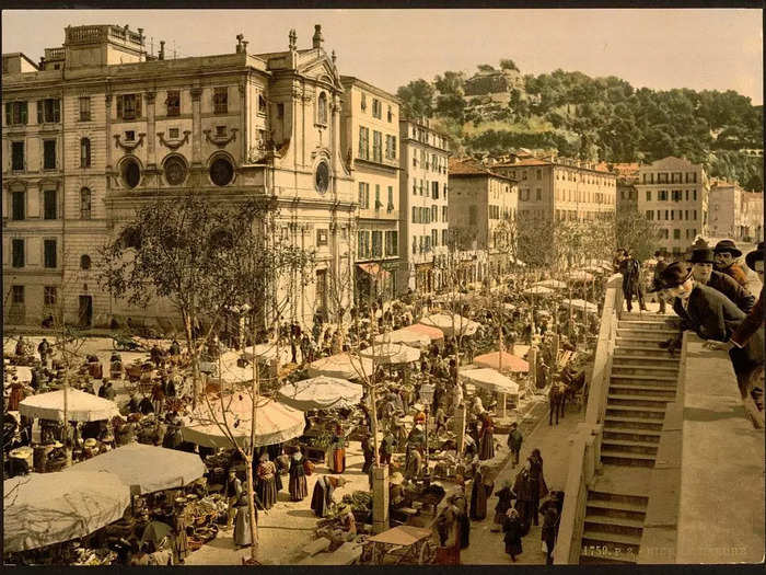 Here is the bustling Cours Saleya market at the turn of the century.