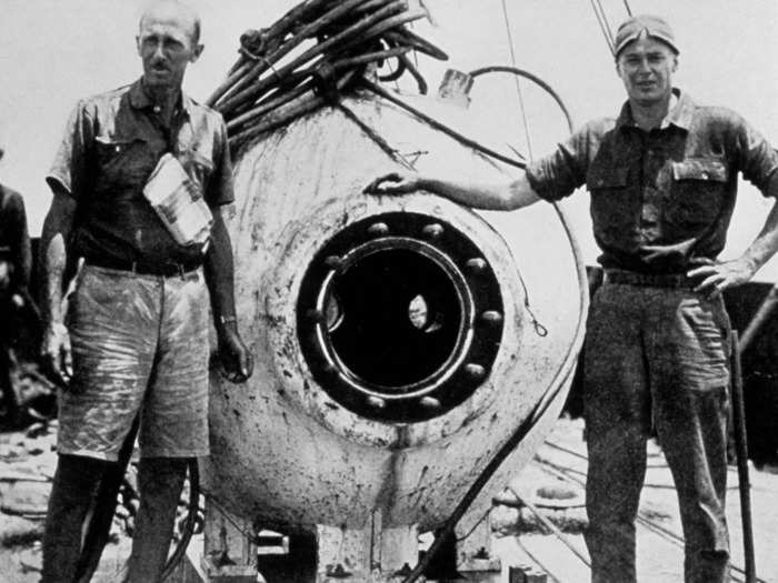 The aim was to record what was going on below. Two skinny men (they had to be skinny to get in and out of the bathysphere) an engineer named Otis Barton and a marine biologist William Beebe went down, taking notes.