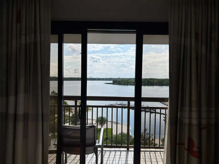 The balcony has a view of Bay Lake and, at night, the Electrical Water Pageant.