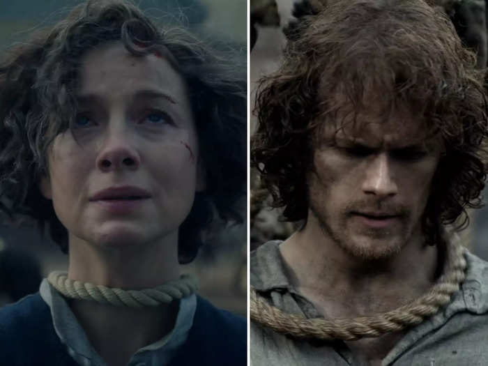 Moving on to the opening scene, Claire standing at the gallows with a noose around her neck parallels Jamie