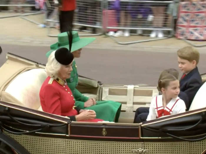 Queen Camilla shared a carriage with Kate Middleton, Princess of Wales, and her three children, Prince George, Princess Charlotte, and Prince Louis.