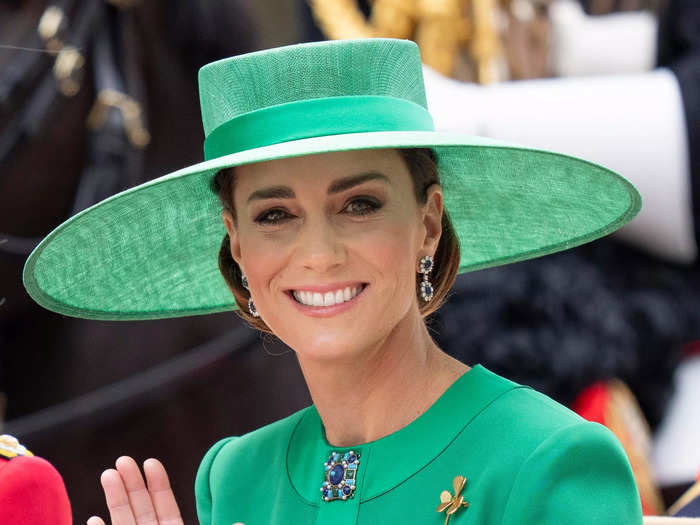 Kate Middleton wore a green coatdress and matching hat in honor of the Irish Guards.