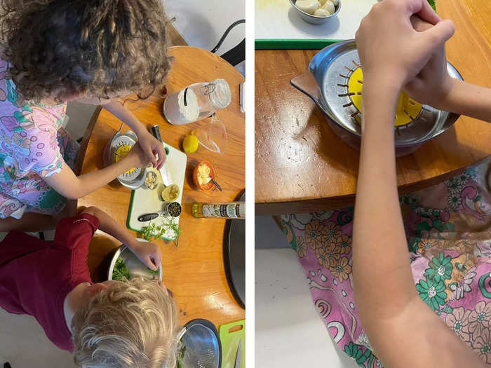 I got my kids involved in some of the prep work, including squeezing lemons and de-stemming parsley.