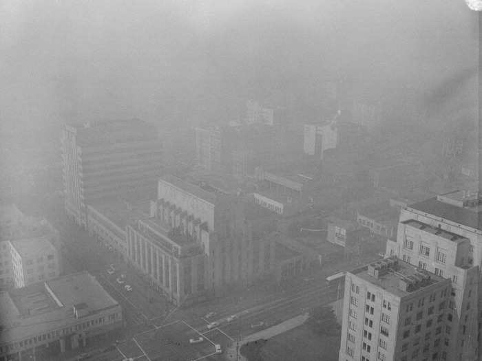 Smog continued to blanket the city in the 1950s. This is the view from the Los Angeles City Hall in 1954, after eight days of heavy smog.