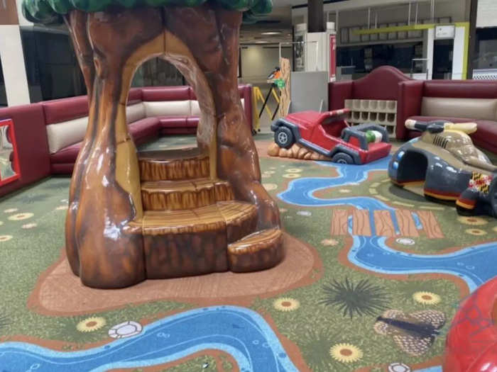 An enclosed play area, with kitsch sculptures evoking an outdoorsy feel, is up for grabs. The kids