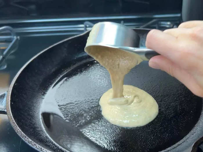 Once your griddle is hot, switch to medium heat and add a thin coating of oil. Let the oil heat up, then carefully pour 1/3-cup servings of your batter to make your pancakes.