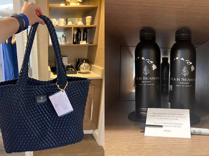 There were other small touches inside the room that made a big difference. For example, this complimentary beach tote I found in the closet, and these reusable water bottles in the bar area.