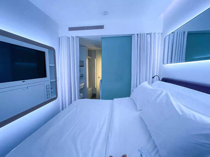 To jazz up the cold contemporary look, the room had a dial of mood lighting options, turning my stale white room into a sleepy blue, for example.