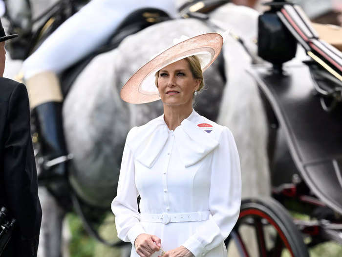 Sophie, Duchess of Edinburgh, wore a belted ivory dress with a wide-brimmed hat.