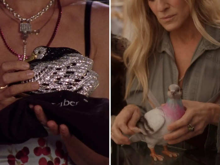 In "Sex and the City," Carrie says a swan-shaped purse Big bought her is "just wrong," but in "And Just Like That," she holds a pigeon-shaped purse.