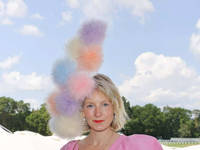 Designer Savannah Miller attended day three of Royal Ascot wearing pastel-colored, fuzzy pom-poms on her head.