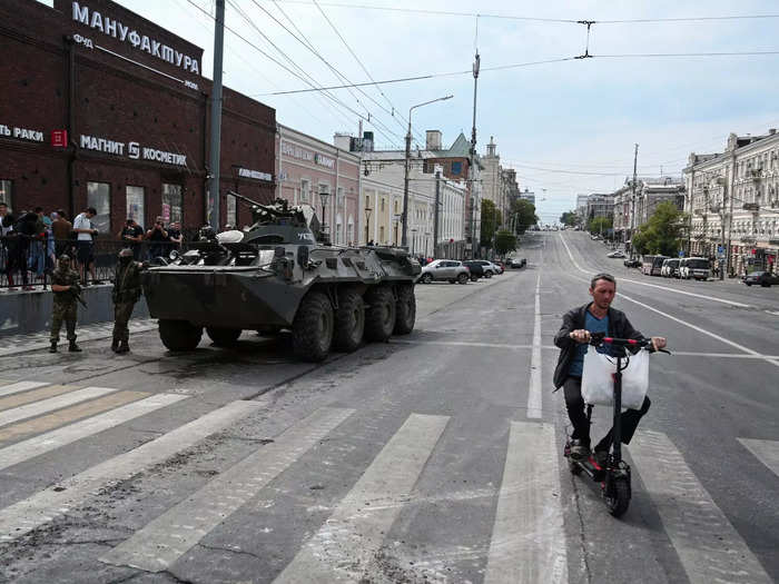 The armed soldiers appear to be heading north from the city towards Moscow, the UK Ministry of Defence said Saturday.