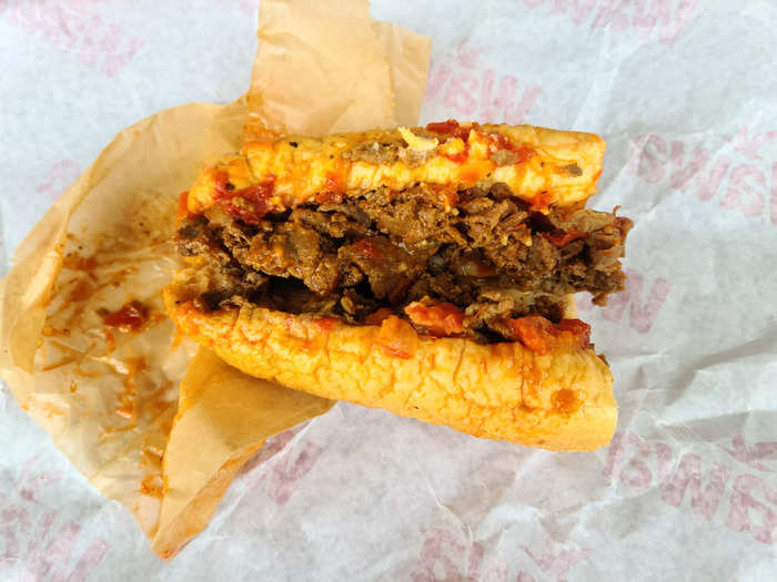 The combination of the steak and red sauce in the marinara beef cheesesteak didn