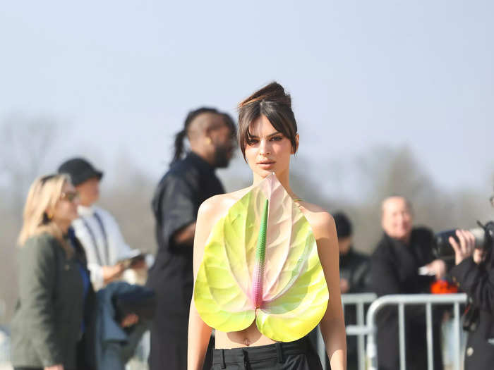 Emily Ratajkowski stepped out in Paris that same week wearing what looked like a pond leaf as a top.