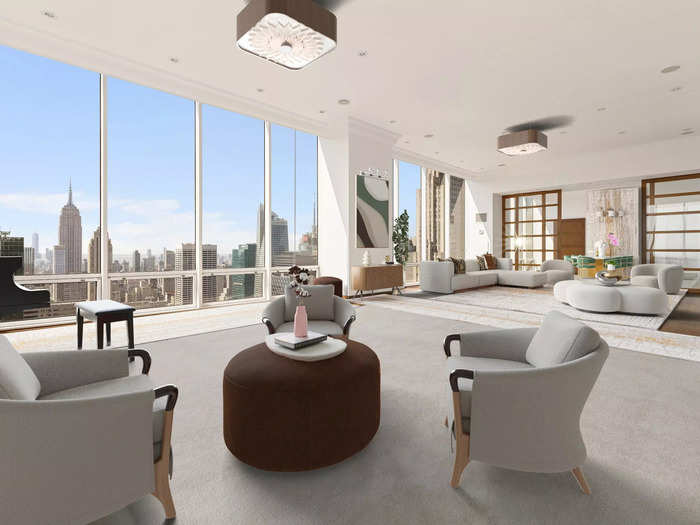 A virtually staged living space in a penthouse.