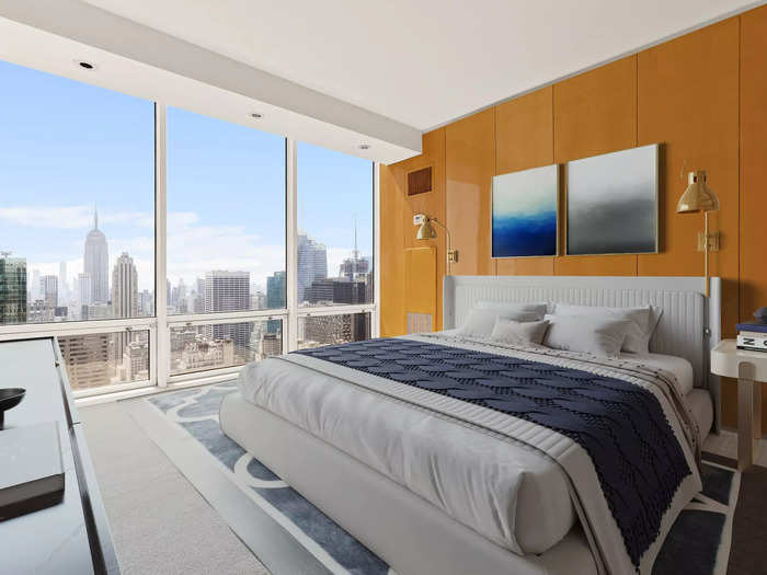 A virtually staged bedroom in a penthouse.