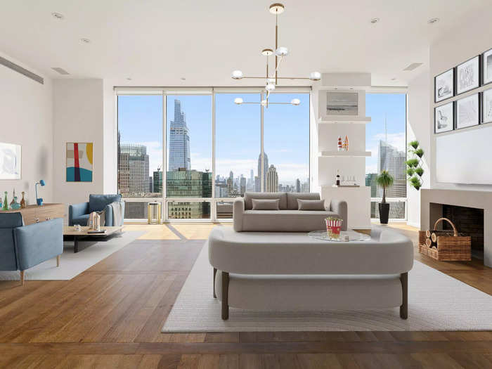 A living room in a penthouse with views of New York City.