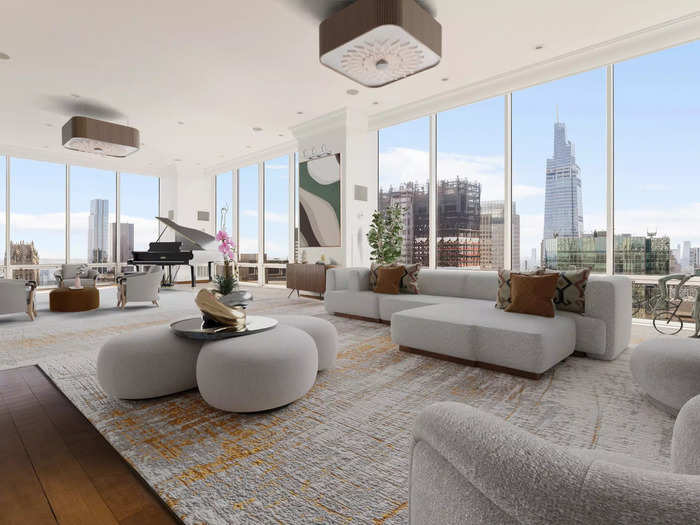 A virtually staged living space in a penthouse.