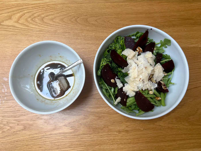 I like my salad dressing cold so I added a few ice cubes to keep it cool while I waited for the sweet potatoes.