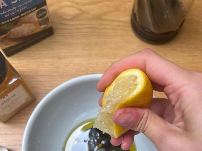 After squeezing lemon juice into the dressing, I always make sure to take out any seeds that fall in.