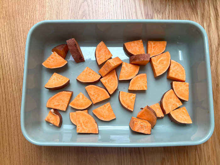 To save time, I decided to chop up half a sweet potato so it would cook faster.