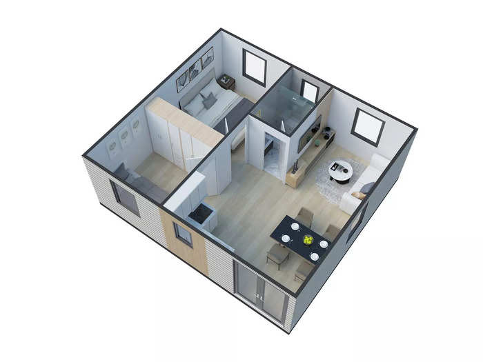 This is a floor plan of a two-bedroom unit. With every Hapi Homes unit, customers can choose to buy it unfurnished at the base price, or furnished for an additional cost.