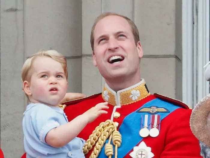 On his first-ever appearance on the Buckingham Palace balcony in 2015, George – wearing a powder blue outfit, and his dad William – in traditional military garb – shared a similar expression as they watched flypast.
