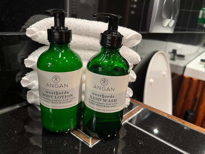 The bathroom featured toiletries from the Icelandic brand Angan. The body lotion retails for $35 per bottle, and the hand wash costs $25, according to Angan