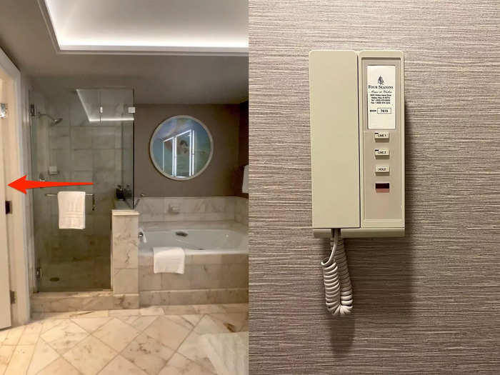 As for the toilet, that was tucked away in a mini "room" of its own within the bathroom and had a phone next to it in case you ever needed to make a call. I never used the phone, but for those who are right-handed, I noticed it was conveniently positioned on that side of the toilet.