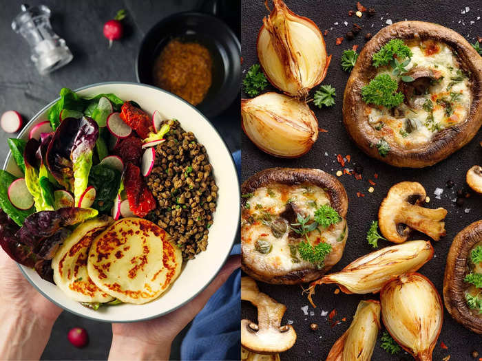 Baked mushrooms with halloumi and curried lentils