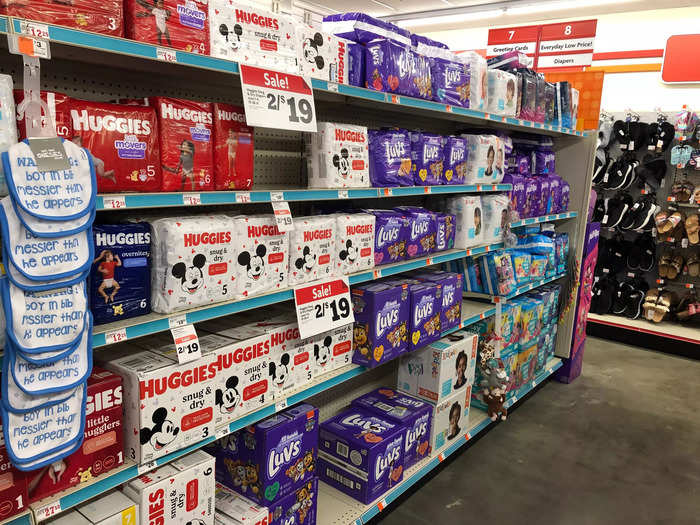 Family Dollar had a selection of name-brand baby diapers, for example, which were on sale at two packs for $19.