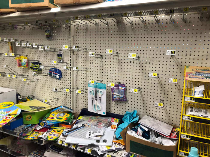 Other sections, such as this selection of school supplies, appeared simultaneously messy and understocked.