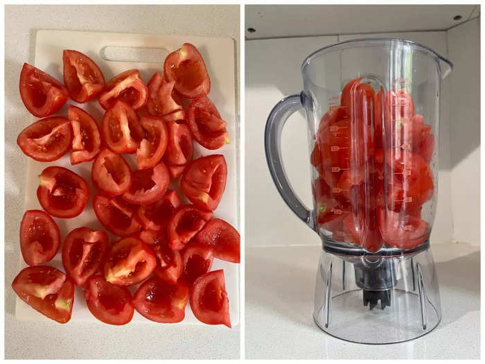 I chopped up the tomatoes into quarters and deseeded them before tossing them into my blender.