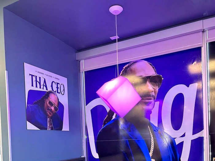 Purple lamps hung from the ceiling, and the walls and windows were covered with posters of Snoop Dogg.