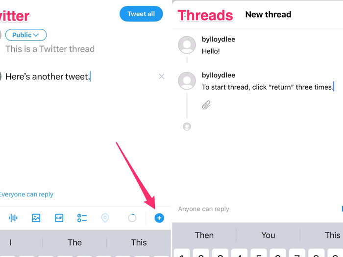 The threading experience is also different. On Threads, a user has to hit enter three times to start a thread. On Twitter, threads are started with the plus button.