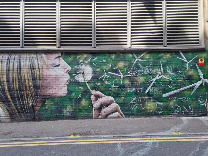 Also on Mitchell Street, this mural of a woman blowing on a dandelion was covered in graffiti.