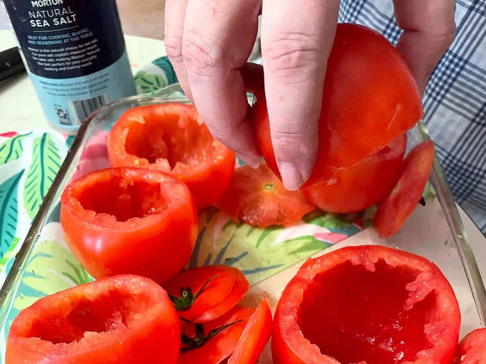 Arrange your tomato "cups" in a 9-inch by 12-inch baking dish.